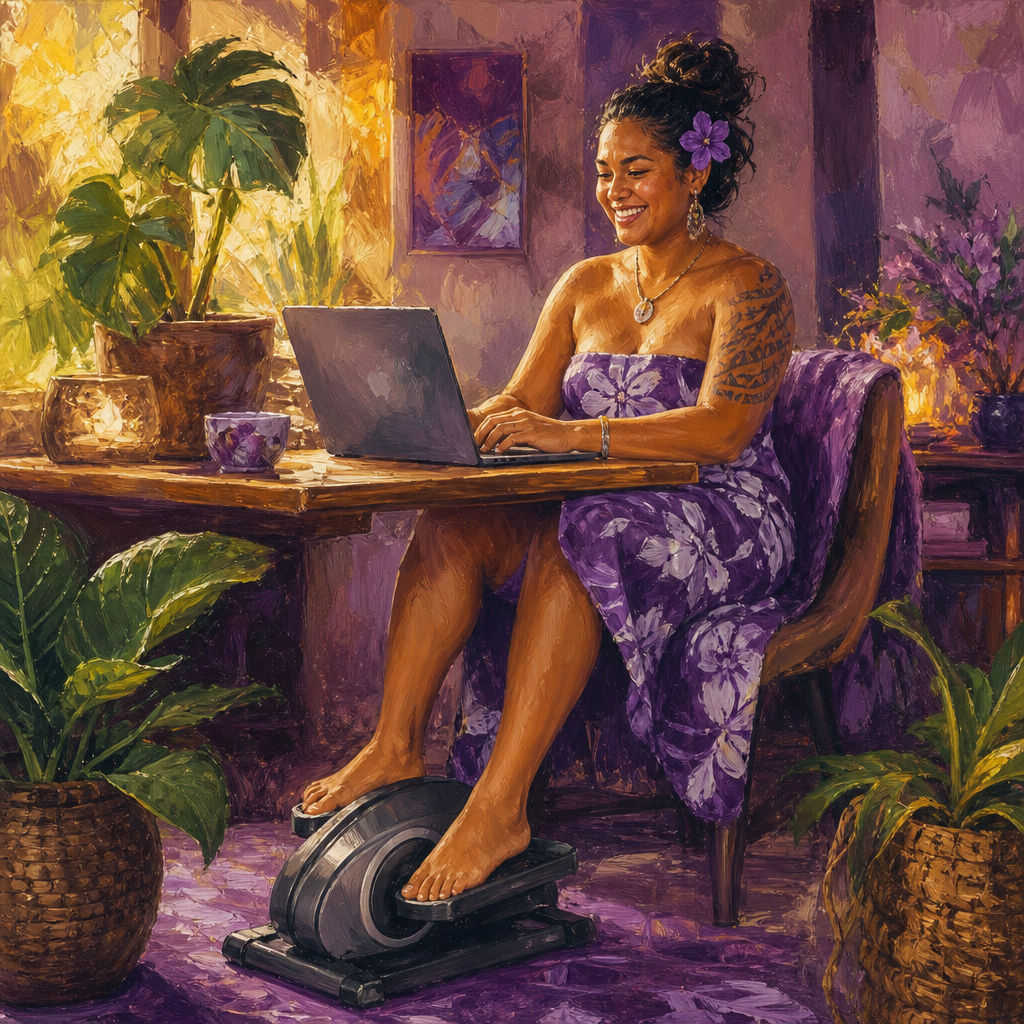 Pacific Islander woman in her 20s using an under-desk elliptical while working at a laptop