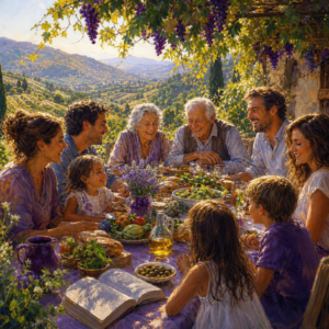 Joyful multigenerational family with elders in their 80s sharing a meal under grapevines