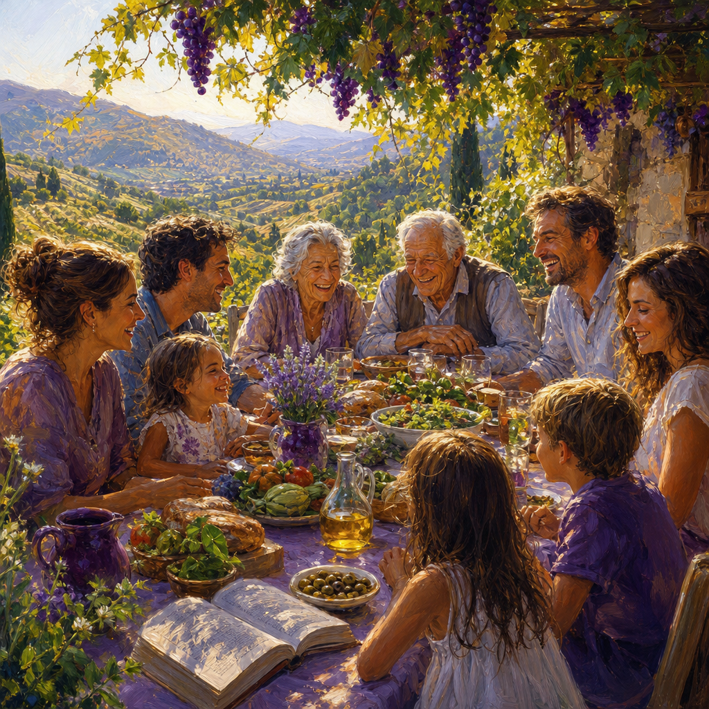 Joyful multigenerational family with elders in their 80s sharing a meal under grapevines