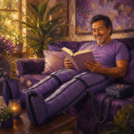 Latino man in his 50s relaxing on a couch wearing air compression leg massager sleeves