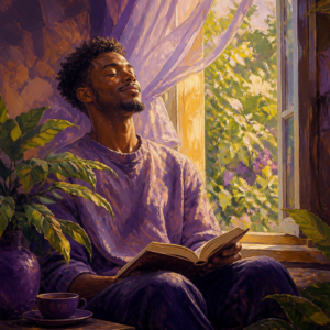 Black man in his 20s breathing deeply by an open window with a book in his lap