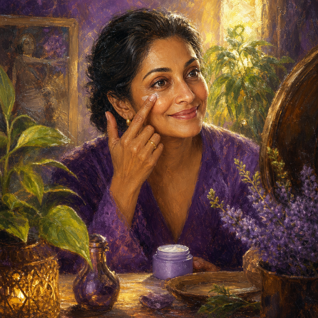 South Asian woman in her 40s patting on peptide eye cream at her vanity