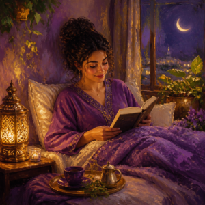 Middle Eastern woman in her 30s reading in bed by lamplight under a crescent moon