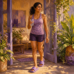 South Asian woman in her 30s on a sunny patio wearing cushioned recovery slides