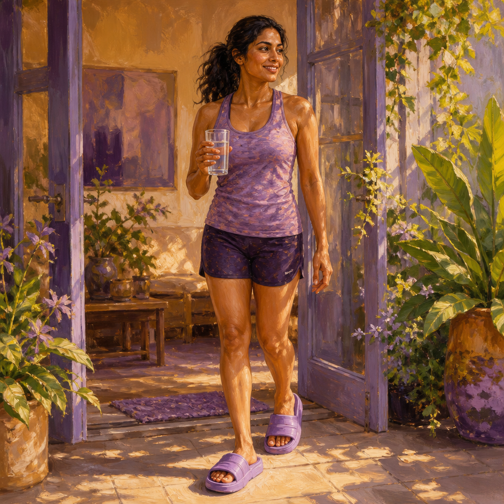 South Asian woman in her 30s on a sunny patio wearing cushioned recovery slides