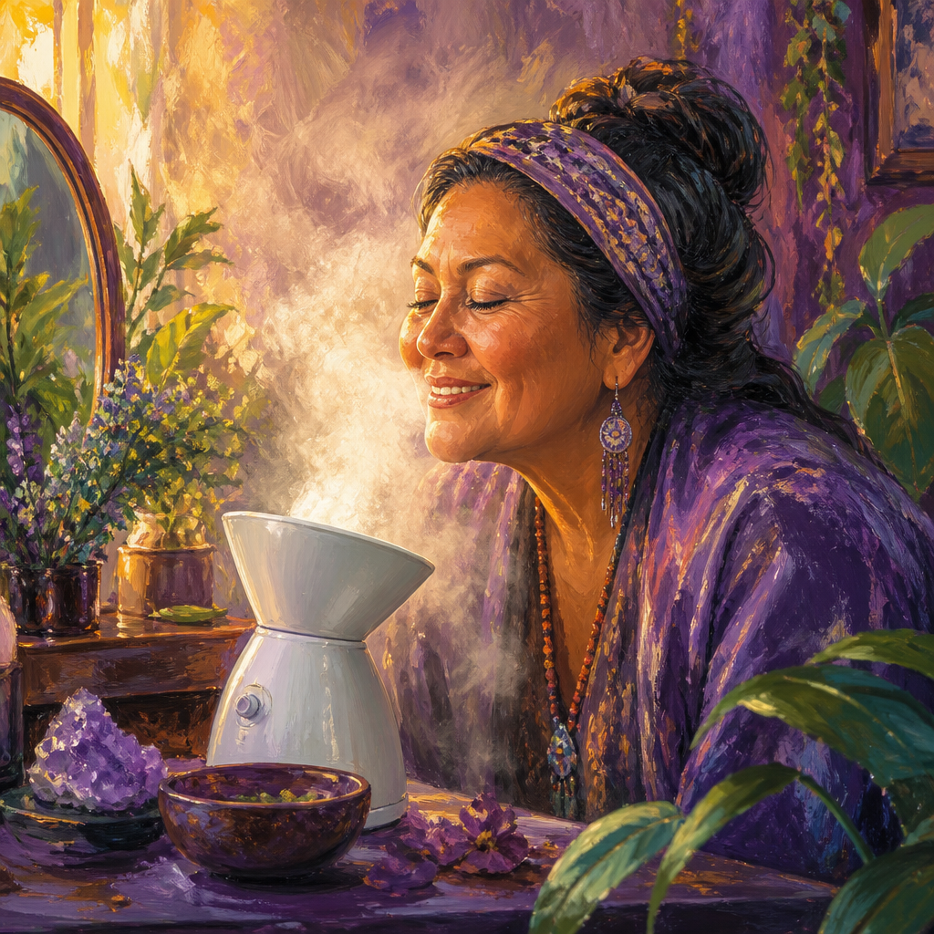 Indigenous woman in her 50s enjoying warm mist from a facial steamer at her vanity