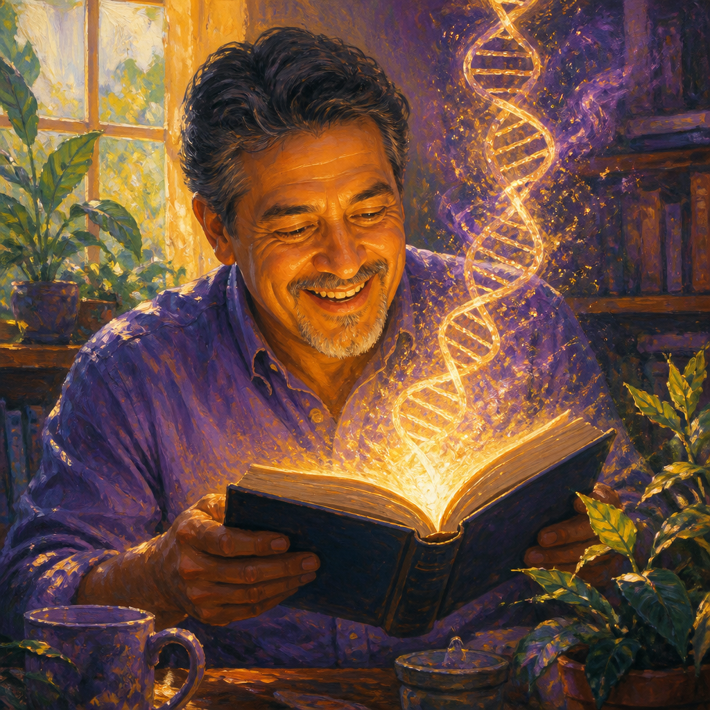 Latino man in his 50s reading as glowing DNA spirals rise from the pages