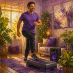 Middle Eastern man in his 40s stepping up on an aerobic step platform at home