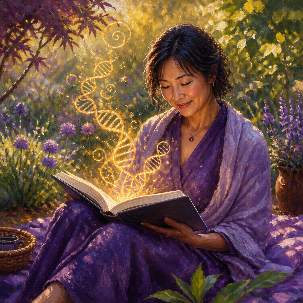 East Asian woman in her 40s reading in a garden as glowing chromosome spirals float above the book