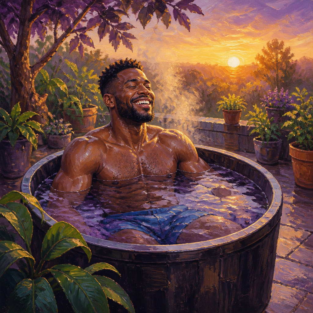 Black man in his 30s smiling in a cold plunge tub on a patio at sunrise