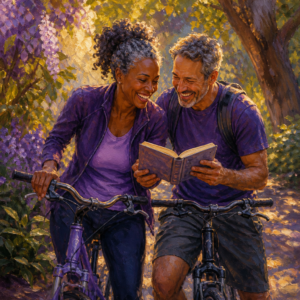 Mixed-ethnicity couple in their 50s with bikes sharing a book on a sunny path