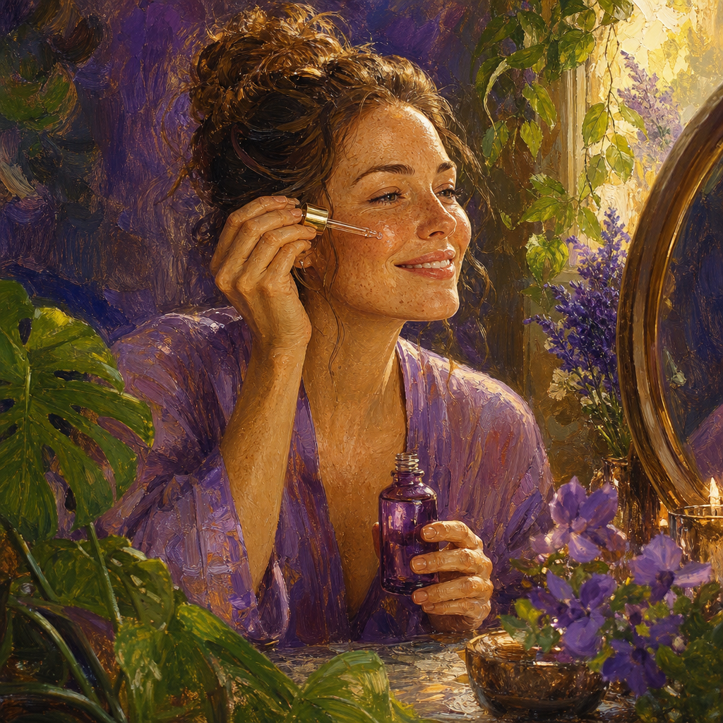 White woman in her 30s applying bakuchiol serum at a vanity