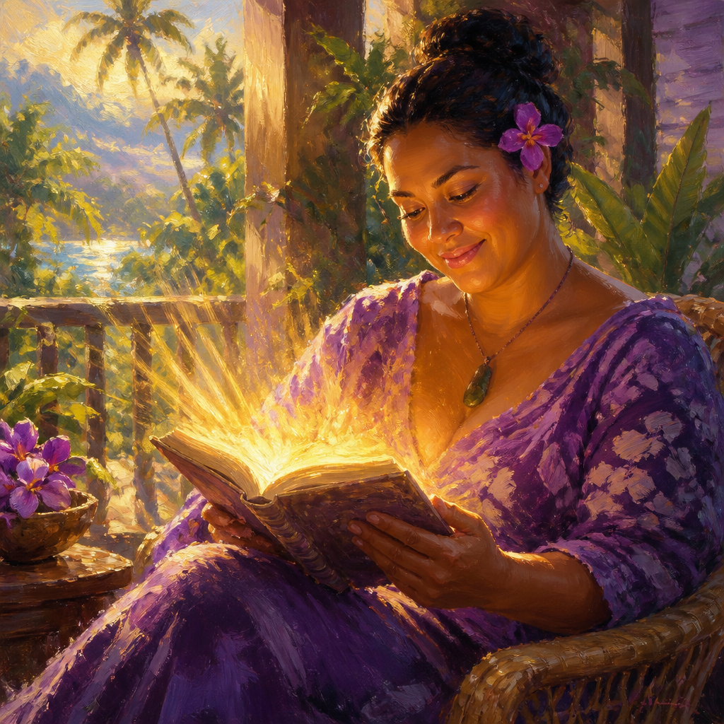 Pacific Islander woman in her 30s reading as a glowing cell and light radiate from the pages