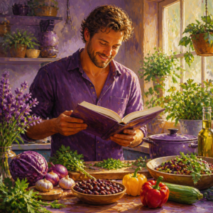 White man in his 30s reading a cookbook in a sunny kitchen with fresh vegetables and herbs