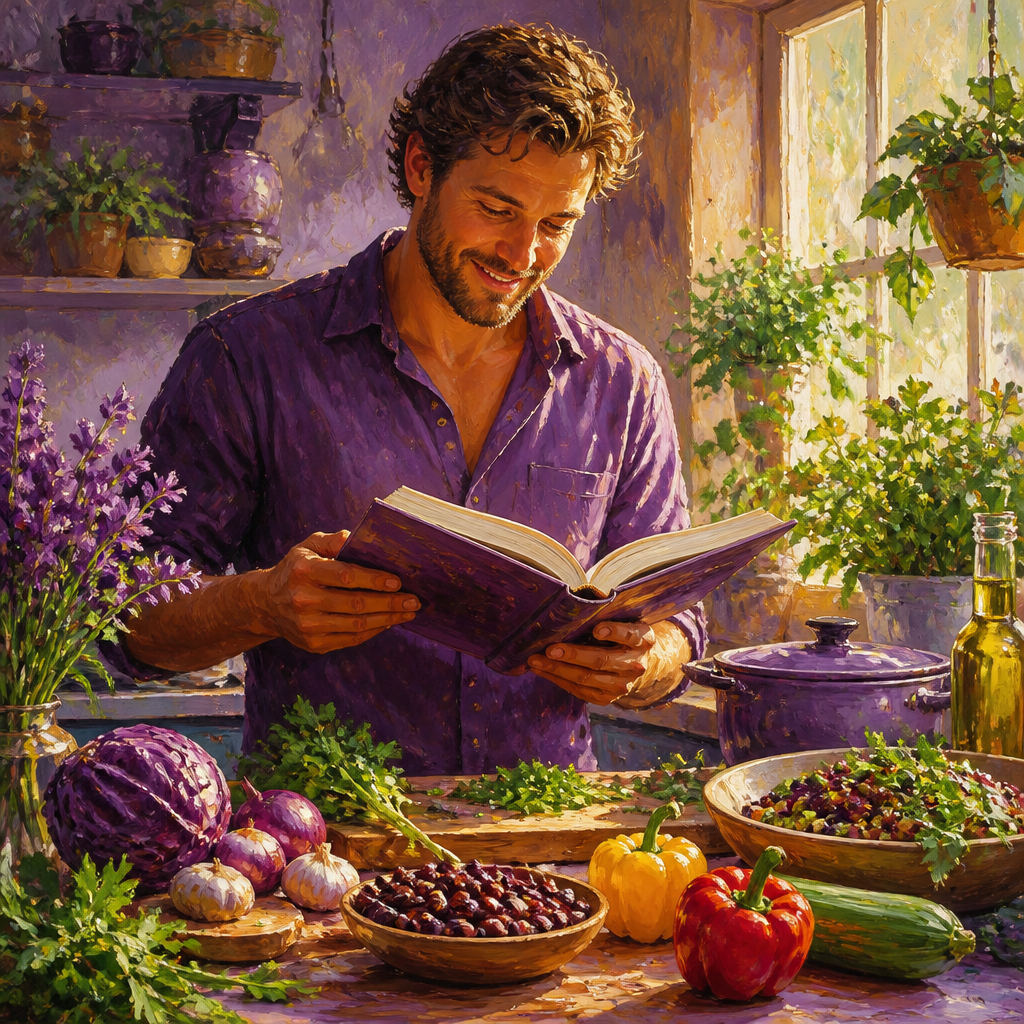 White man in his 30s reading a cookbook in a sunny kitchen with fresh vegetables and herbs