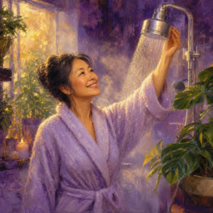 East Asian woman in her 50s in a bathrobe adjusting a filtered shower head in a spa-like bathroom