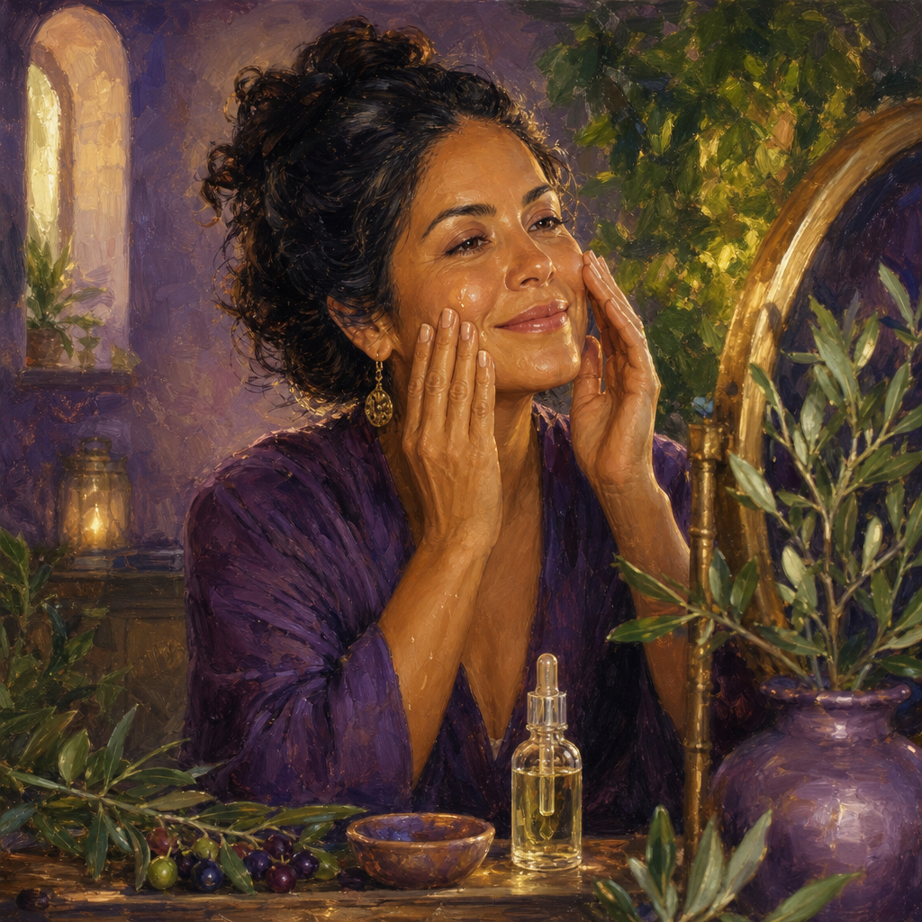 Latina woman in her 40s patting squalane face oil onto her cheeks at a vanity