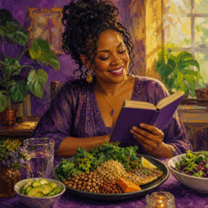 Black woman in her 40s reading a book at a table set with a colorful plant-based meal