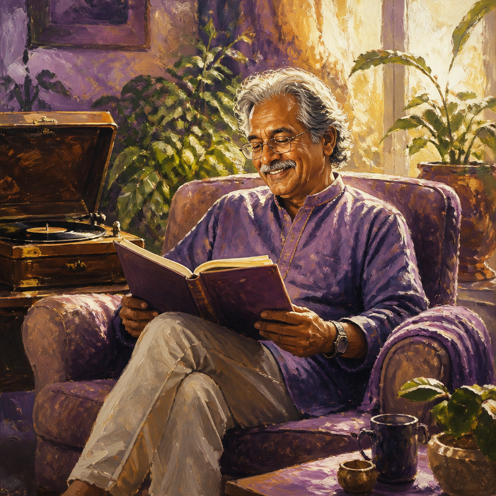 South Asian man in his 60s smiling as he reads in a sunlit armchair