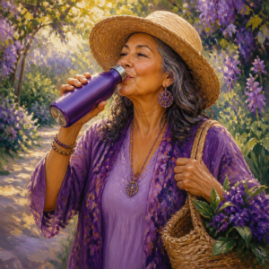 Latina woman in her 60s sipping from a purple insulated water bottle on a garden walk