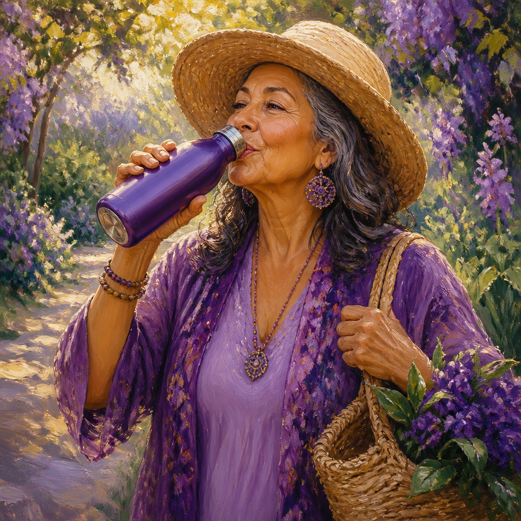 Latina woman in her 60s sipping from a purple insulated water bottle on a garden walk