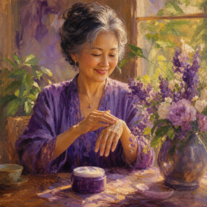 East Asian woman in her 60s massaging rich hand cream into her hands