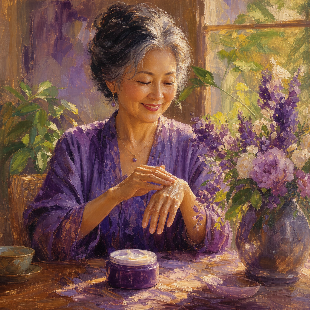 East Asian woman in her 60s massaging rich hand cream into her hands