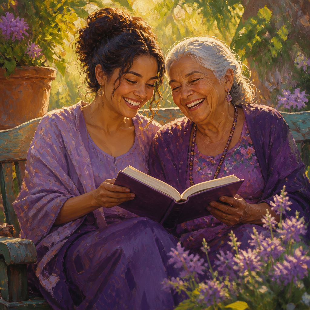 Latina woman in her 20s sharing a book on a garden bench with her grandmother in her 70s