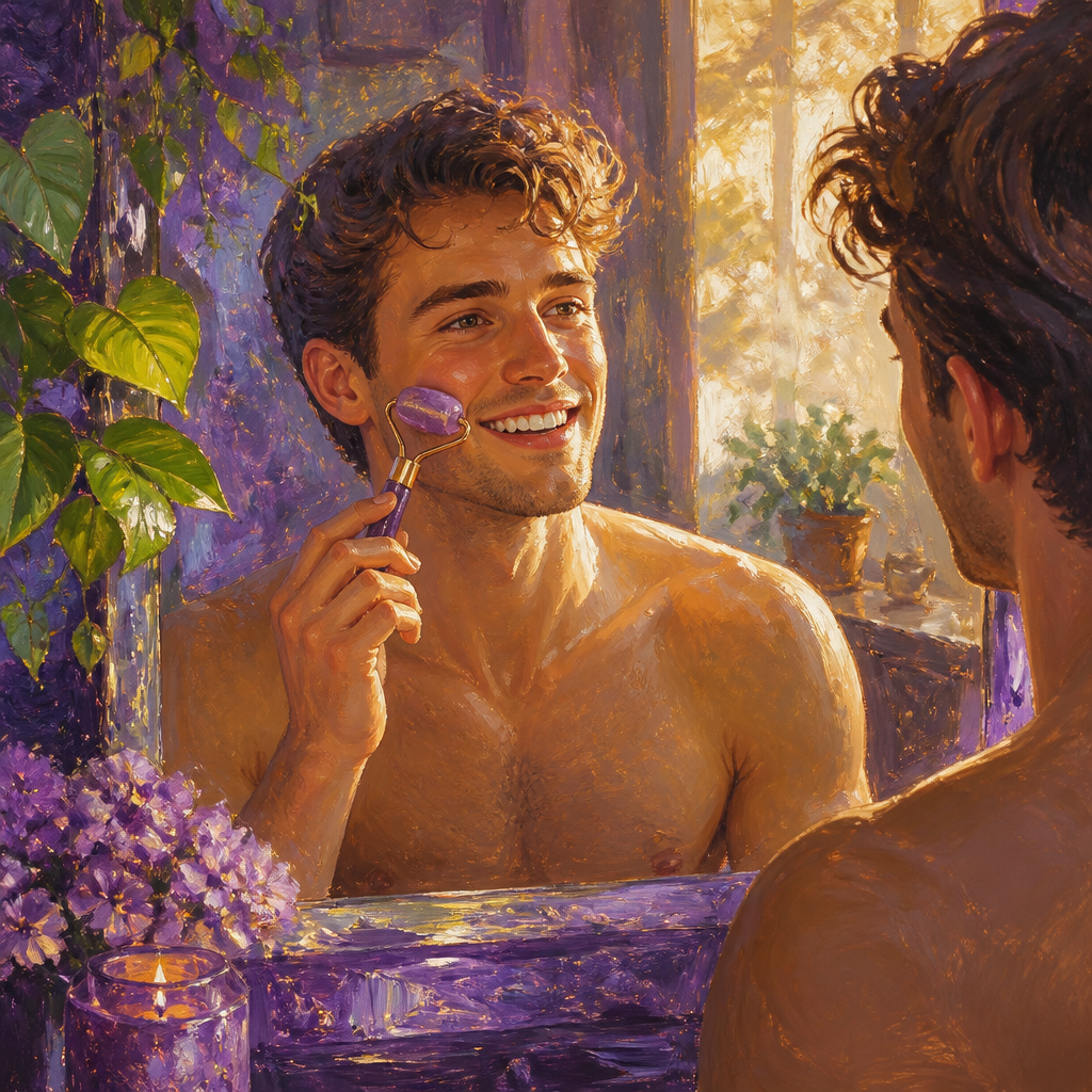 White man in his 20s using a facial ice roller at a bathroom mirror
