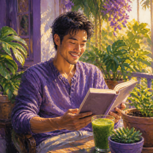 East Asian man in his 30s reading a book with a smoothie on a bright morning patio