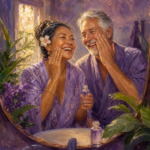 Pacific Islander woman and white man in their 60s patting hydrating essence onto their faces together