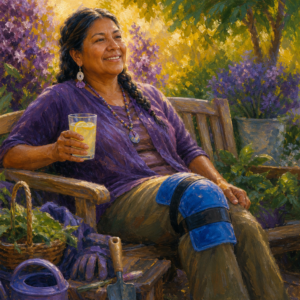 Indigenous woman in her 40s resting in the garden with a cold therapy wrap on her knee