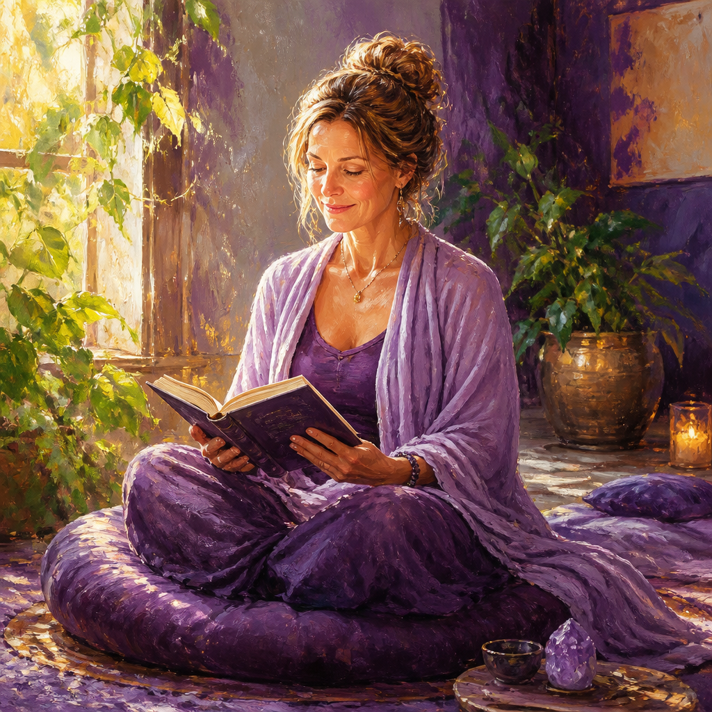 White woman in her 40s reading on a meditation cushion in soft morning light