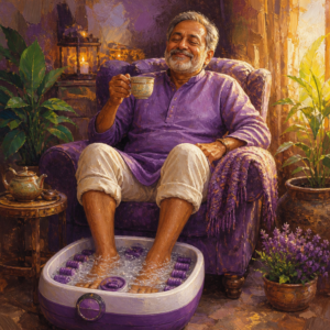 South Asian man in his 60s soaking his feet in a bubbling foot spa with tea