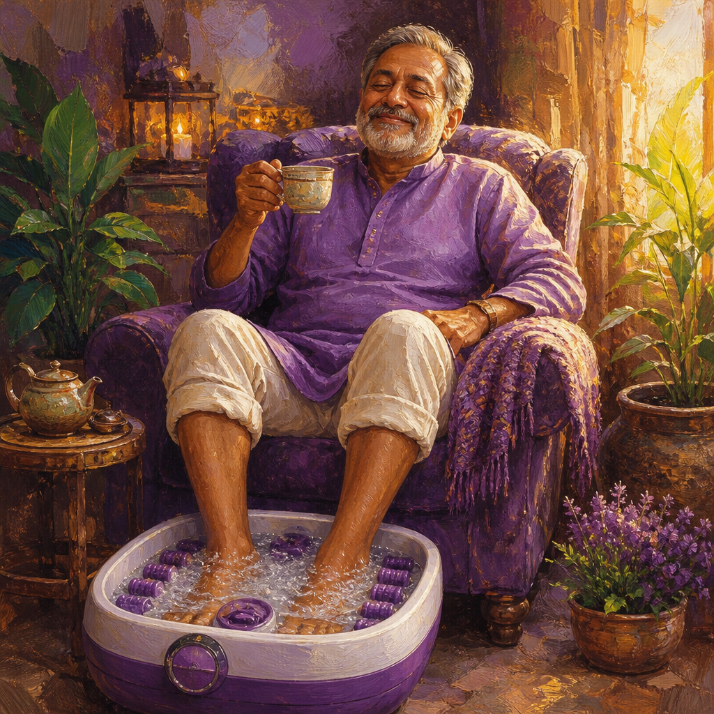 South Asian man in his 60s soaking his feet in a bubbling foot spa with tea