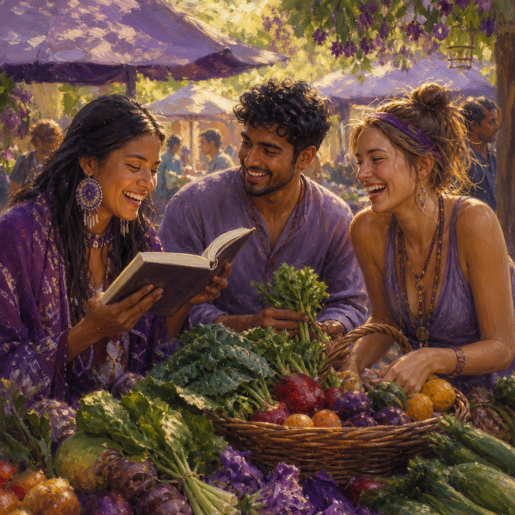 Diverse friends in their 20s with a book and a basket of fresh produce at a farmers market