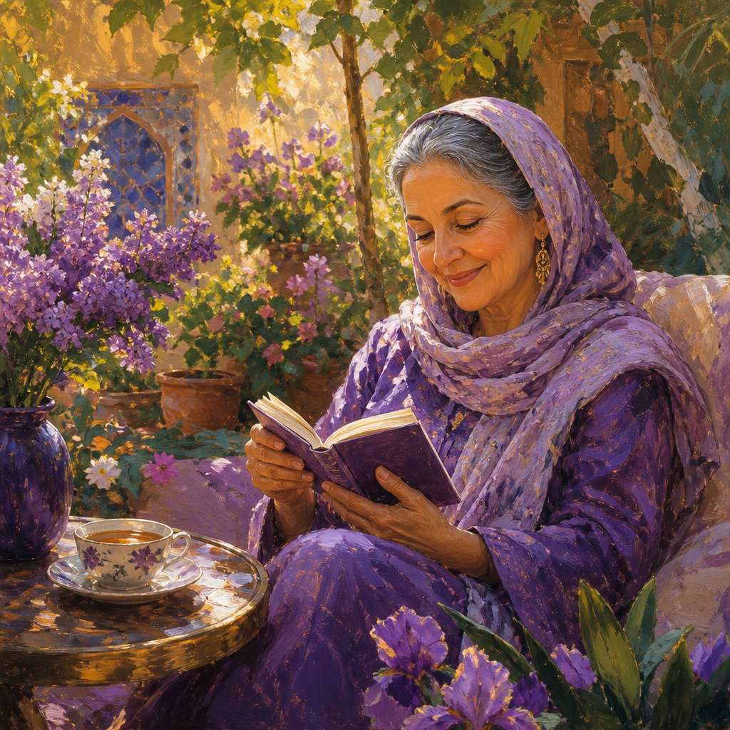 Middle Eastern woman in her 60s reading a small book with tea in a blooming garden