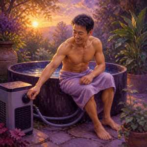 East Asian man in his 40s adjusting a cold plunge water chiller beside an outdoor tub