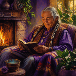 Native American man in his 60s reading by a fireplace surrounded by plants