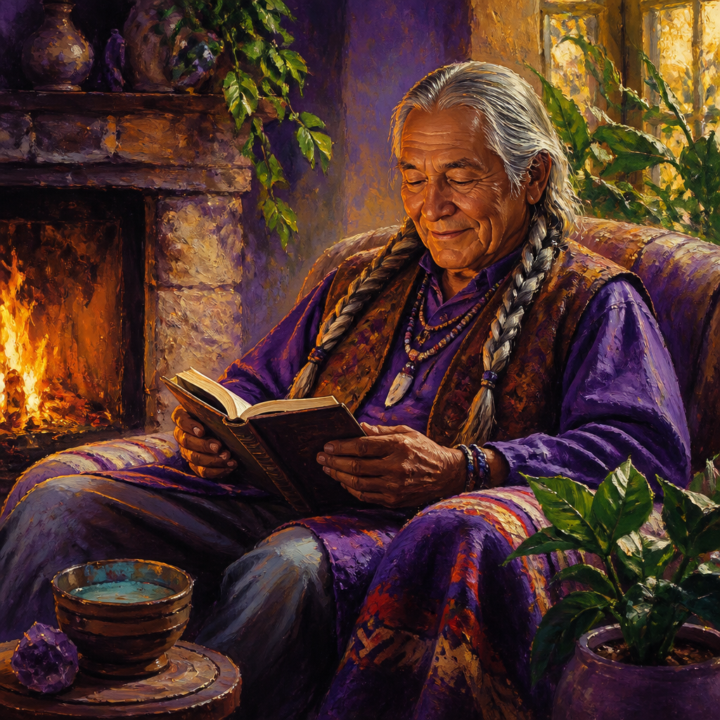 Native American man in his 60s reading by a fireplace surrounded by plants