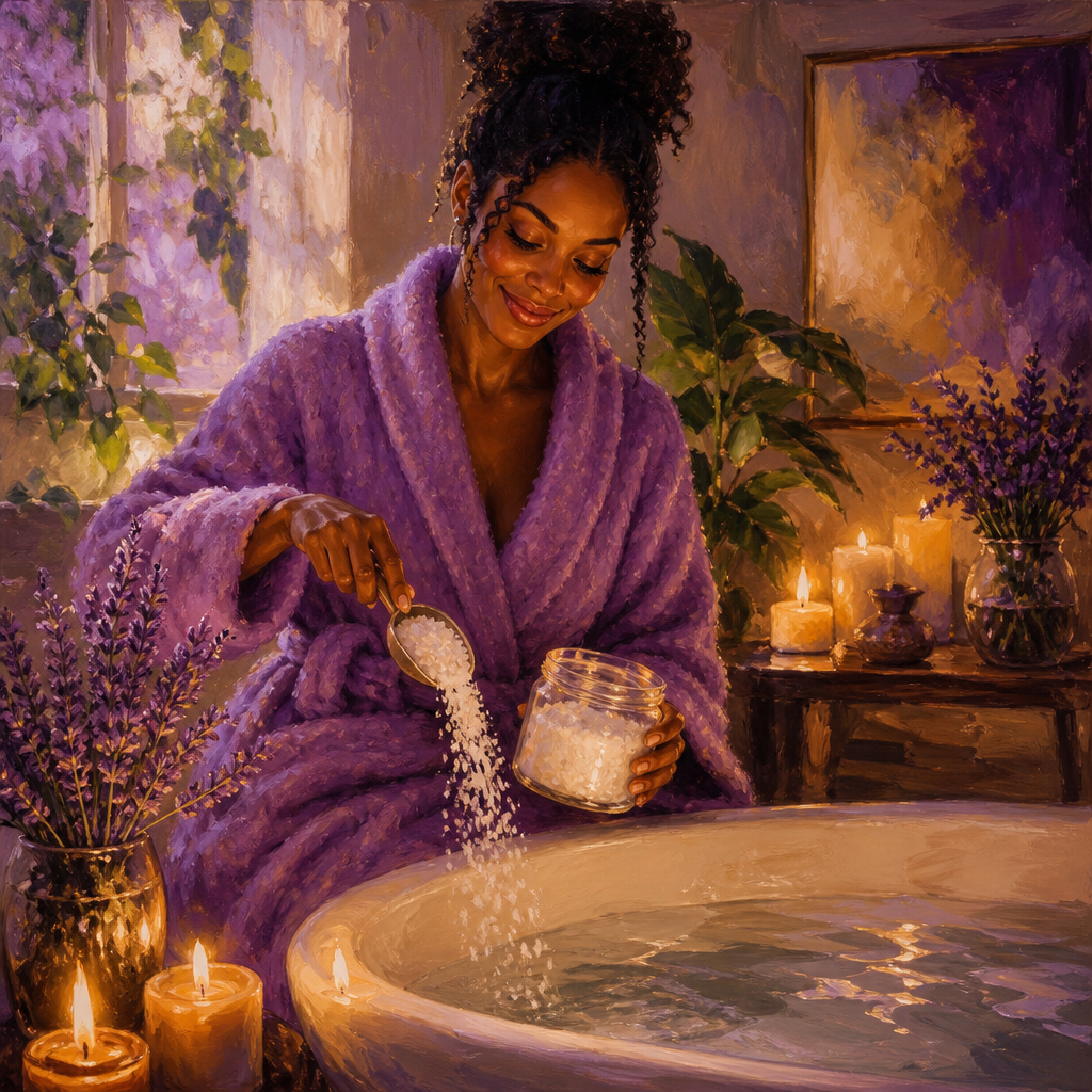Black woman in her 30s in a bathrobe pouring Epsom bath salts into a candlelit tub