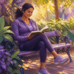 South Asian woman in her 30s in walking shoes reading a book on a park bench