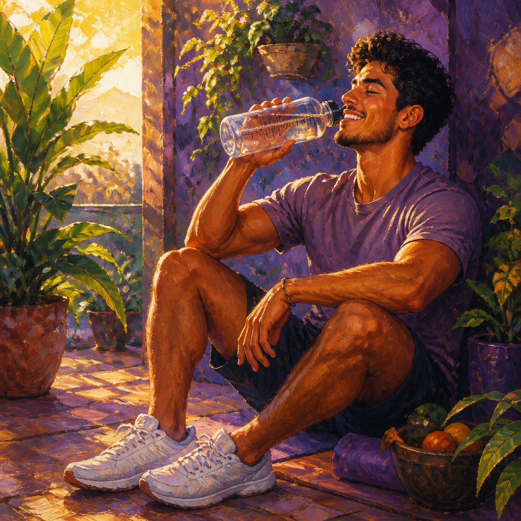 Latino man in his 20s drinking from a time marker water bottle on a sunny patio