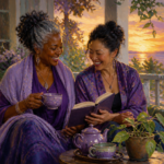 Black and East Asian women friends in their 50s sharing a book and tea on a porch at sunset