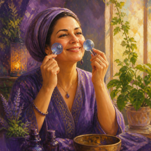 Middle Eastern woman in her 50s gliding cryo facial globes over her cheeks by a window