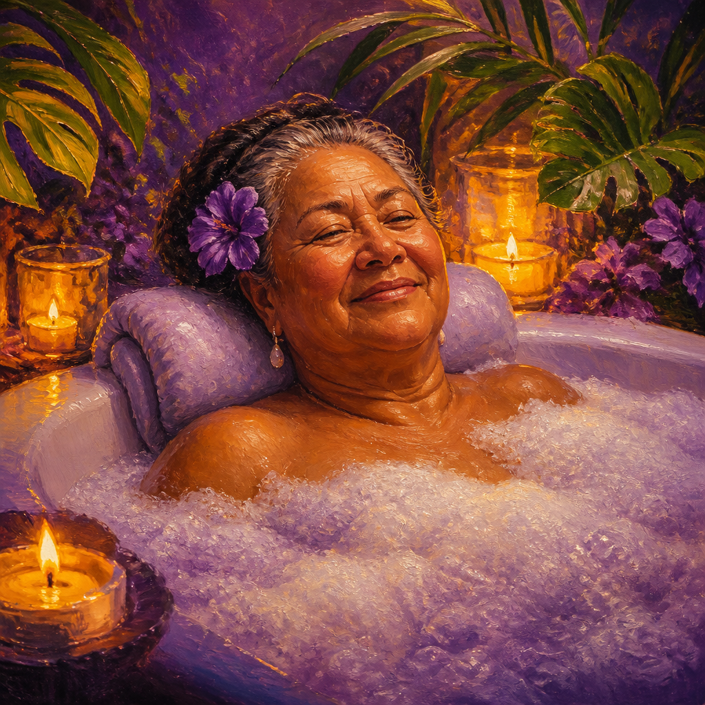 Pacific Islander woman in her 60s resting her head on a spa bath pillow in a bubble bath