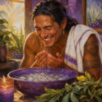 Indigenous man in his 30s laughing as he rises from a facial ice bath bowl