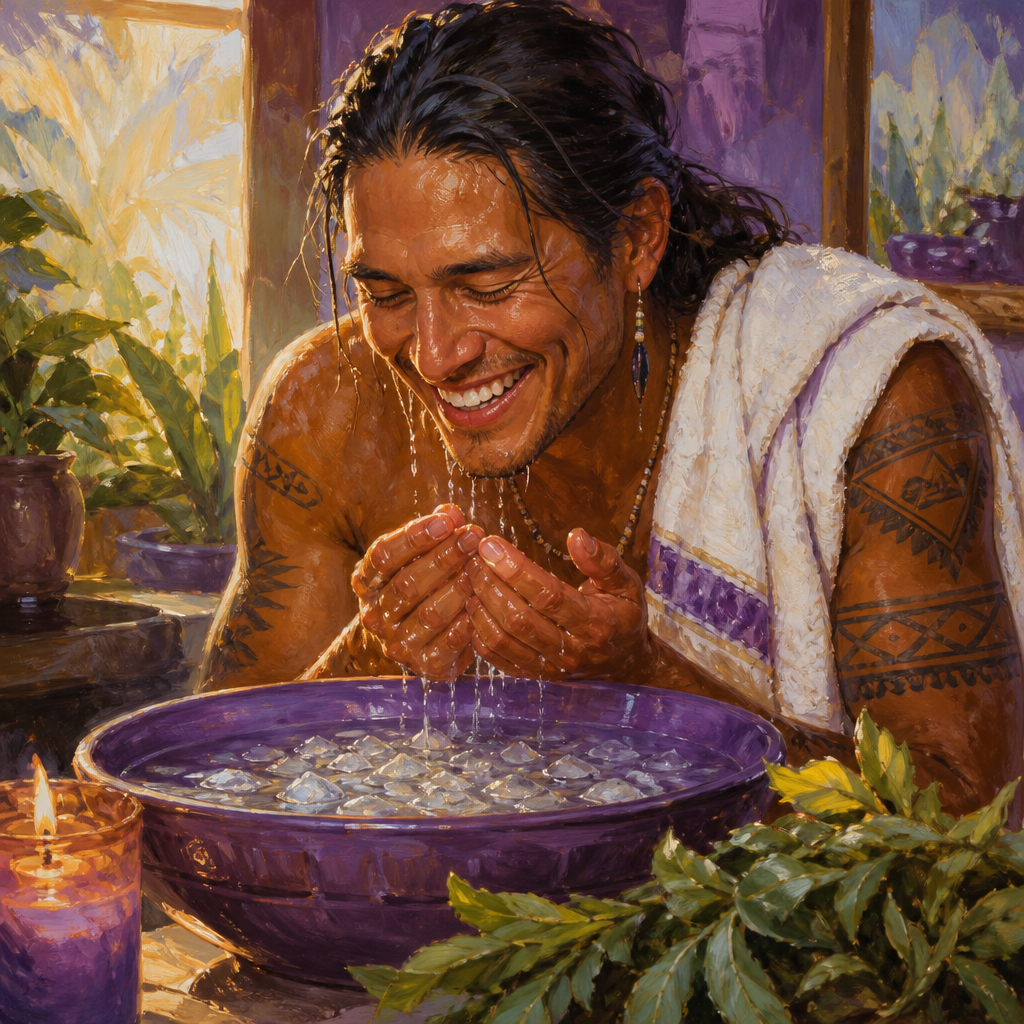 Indigenous man in his 30s laughing as he rises from a facial ice bath bowl