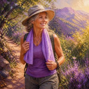 White woman in her 50s on a sunny trail with an instant cooling towel over her shoulders