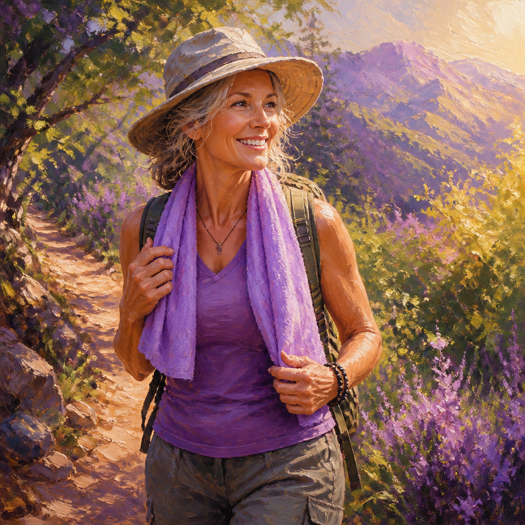 White woman in her 50s on a sunny trail with an instant cooling towel over her shoulders